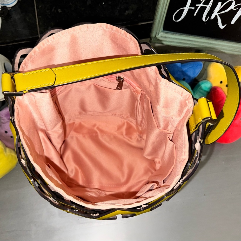 kate spade Yellow Cutout Leather Bucket Shoulder Bag with Pink Liner - Picture 9 of 9